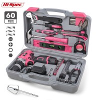 Hispec 60 Piece Ladies Pink Power Tool Sets Home Tool Box Set Kit Electric Screwdriver